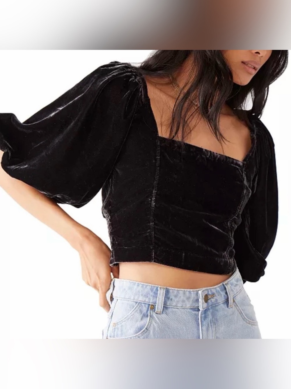 Free People Velvet Puff Sleeve Crop Top Black Open Back Boho Medium